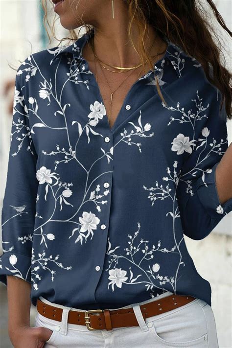 Floral Print Collared Buttons Long Sleeves Blouse Curvedream