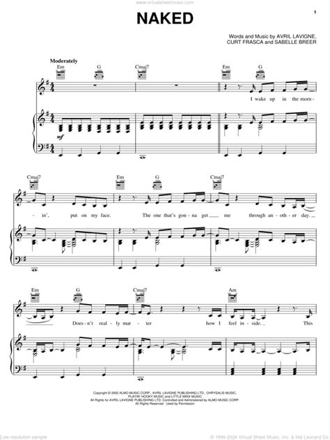 Avril Lavigne Naked Sheet Music For Voice Piano Or Guitar Pdf