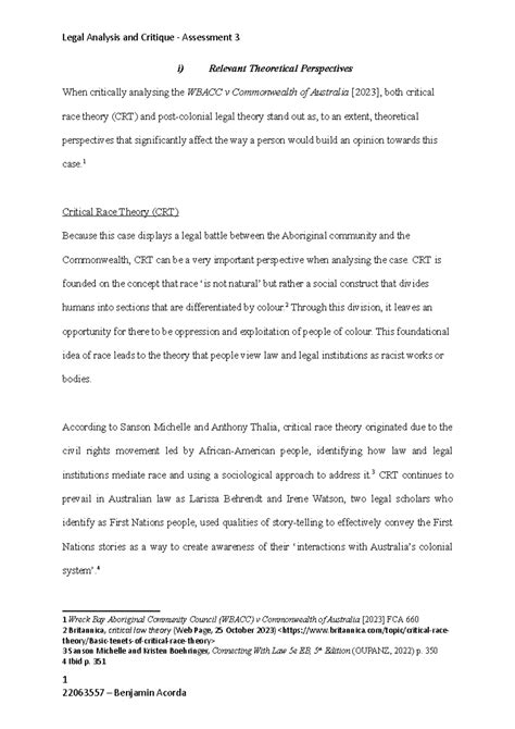 Assessment 3 - Legal Analysis And Critique Assignment - i) Relevant