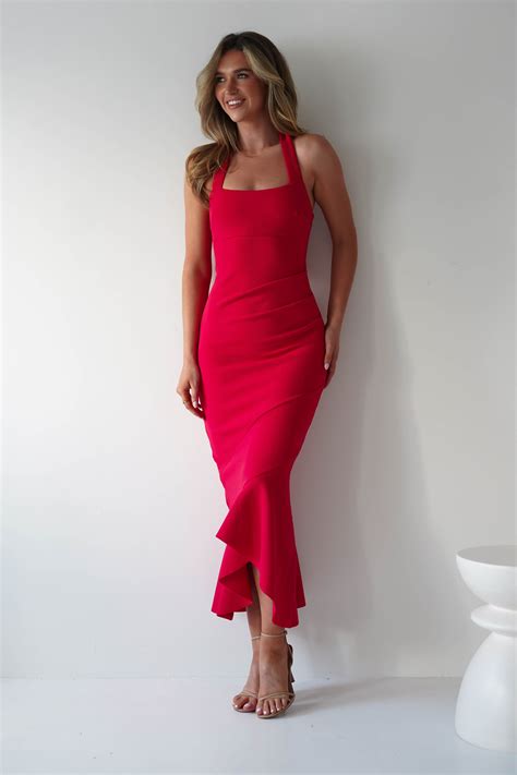 Damaris Textured Midi Dress Red Oh Hello Clothing