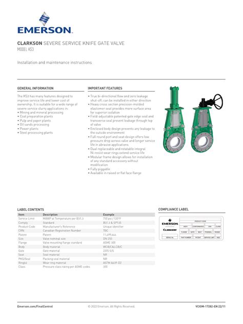 Clarkson Knife Gate Valves Ks3 Install Manual 2022 11 R00