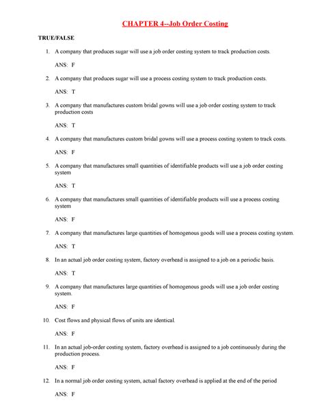 Ch04 Job Order Costing Cost Management Chapter 4 Job Order Costing True False A Company That