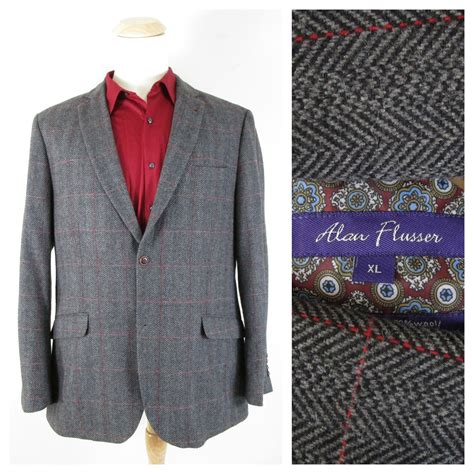 Alan Flusser Gray Herringbone Tweed Red Windowpane Wool Sport Coat Size