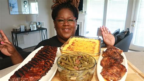 Soul Food Meal Mac N Cheese Baked Chicken Ribs Fresh String Beans Asmr Cooking Sounds Youtube