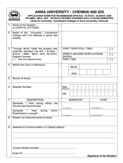 Anna University Admission Form Admission Form