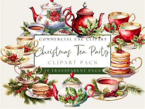 Christmas Tea Party Clip Art Winter Holiday Tea Cups Xmas Tea Pot Png