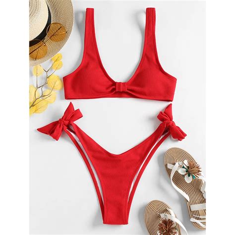 Zaful 2019 New Arrival Ribbed Knot High Cut Bikini Set High Waisted