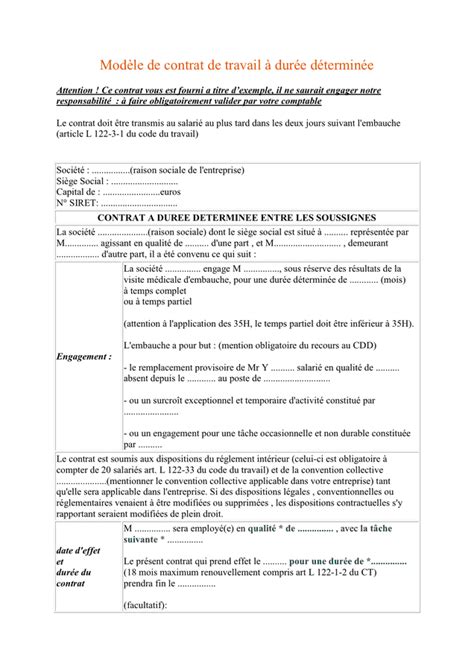 Model De Contrat Dur E D Termin E T L Chargement Gratuit Documents