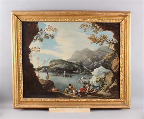 Antique Thc European Italian Harbor Landscape W Nude Figures Oil