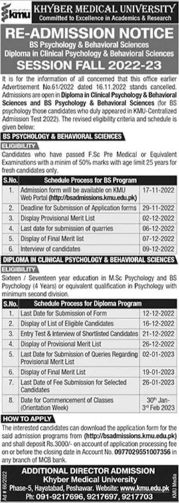 Admission Open In Khyber Medical University KMU Peshawar 24th