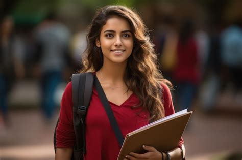 Premium Photo Young Indian College Girl Holding Backpack And Books And Giving Happy Expression