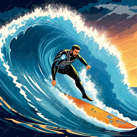 Premium Vector Illustration Ocean Man Surfing Big Waves Day