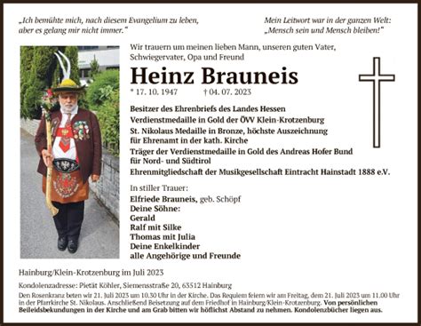 Traueranzeigen Von Heinz Brauneis Trauer Op Online De