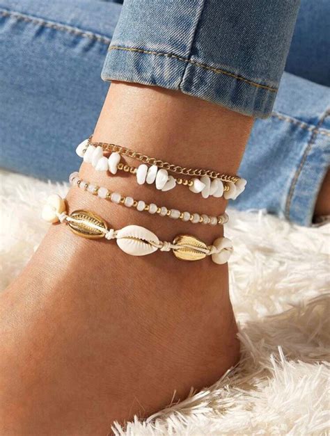 4 Piece Shell And Bead Anklet Summer Jewelry Sea Shell Anklet Etsy