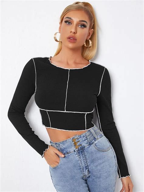 Shein Lettuce Trim Rib Knit Crop Top Crop Tops Knit Crop Top Vintage Crop Top T Shirts