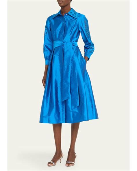 Teri Jon Eyelet Collar And Sleeve Taffeta Shirtdress In Blue Lyst