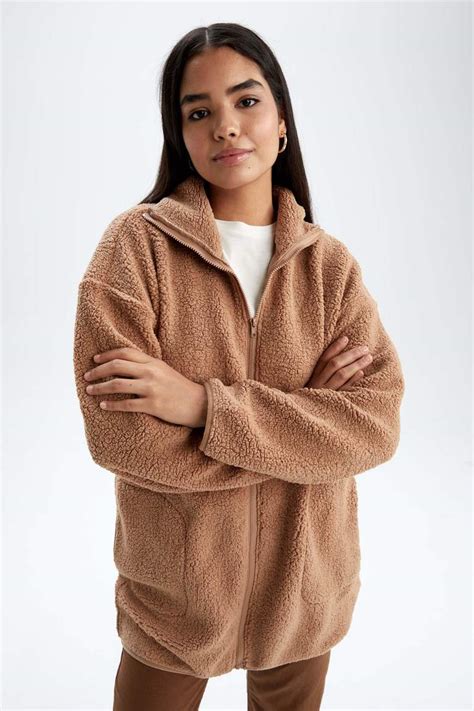 Beige Woman Relax Fit Half Turtleneck Cardigan Defacto