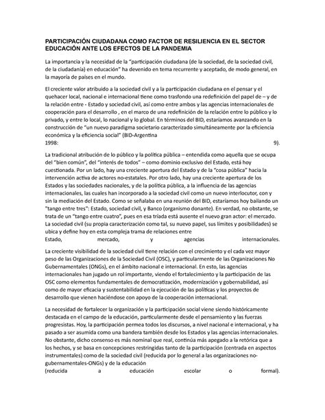 Participacion Ciudadana Como Factor De Resiliencia En El Sector