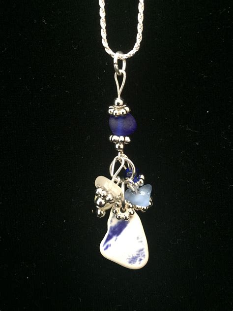 Pottery And Cobalt Blue Sea Glass Pendant Blue Sea Glass Necklace Pottery And Sea Glass