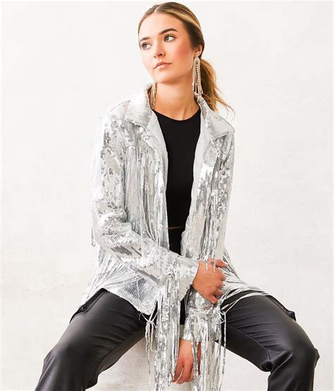 Veveret Sequin Fringe Jacket Womens Coatsjackets In Silver Buckle