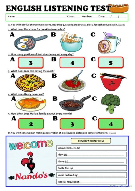 Listening A Test Food English Esl Worksheets Pdf Doc