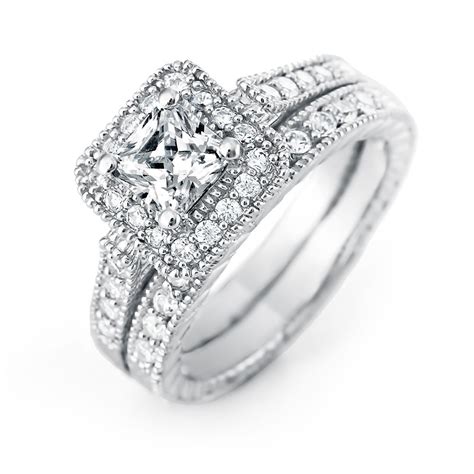 Princess Cut Halo CZ Wedding Ring Set | Eve's Addiction®