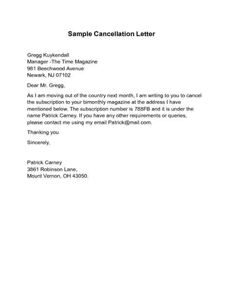 Sample Cancellation Letter Template