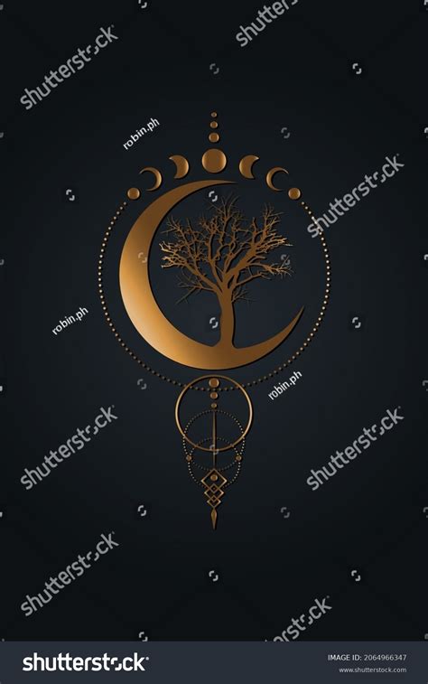 Fases místicas de la luna árbol vector de stock libre de regalías