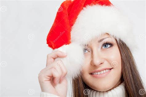 Brunette Woman In Santa Hat Stock Image Image Of Model Happy 27812895