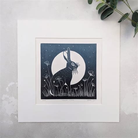 Moonlit Hare Linocut Print Moon Gazing Hare Folksy