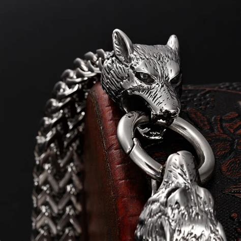 Stainless Steel Double Wolf Head Bracelet For Men Retro Punk Mesh Chain