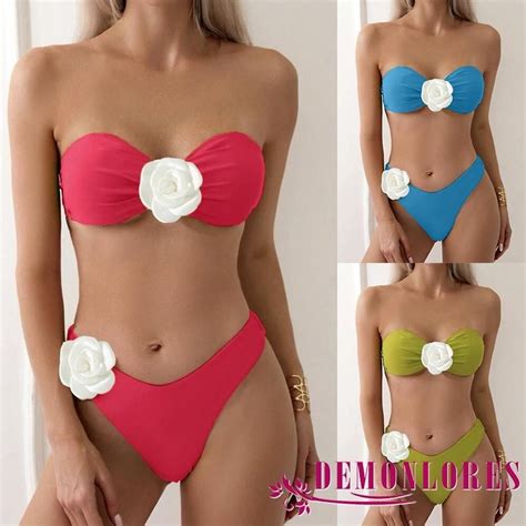 Demonloresm Women Piece Bikini Set Flower Decorded Tie Up Halter Neck