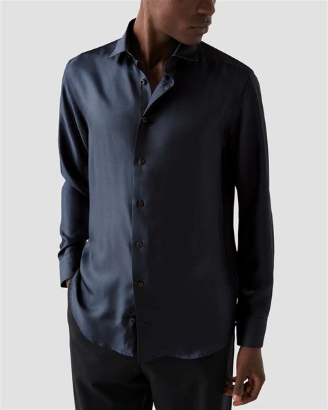 Navy Silk Twill Shirt Eton