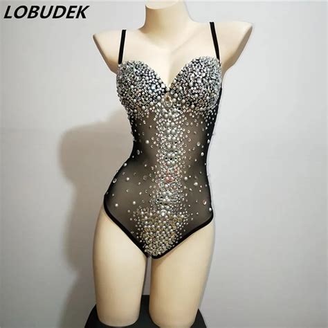 Sparkly Rhinestones Bodysuit Nightclub Female Costume Black See Through Sexy Jumpsuit Bar Dj