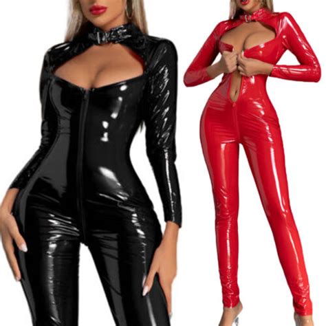 Us Women Wet Look Latex Jumpsuit Zipper Front Bodysuit Full Body Leotard Catsuit Ebay