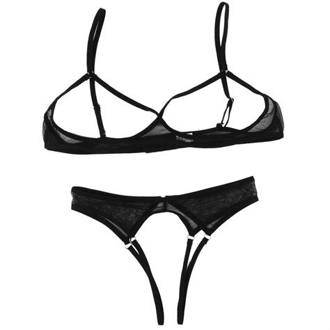 Womens Sexy Lingerie Set See Through Sheer Mesh Adjustable Straps Open