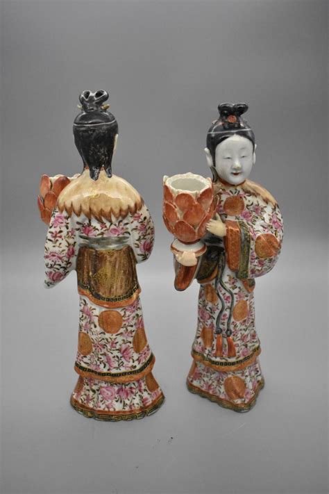 A Pair Of Famille Rose Figures Candle Holders Bada