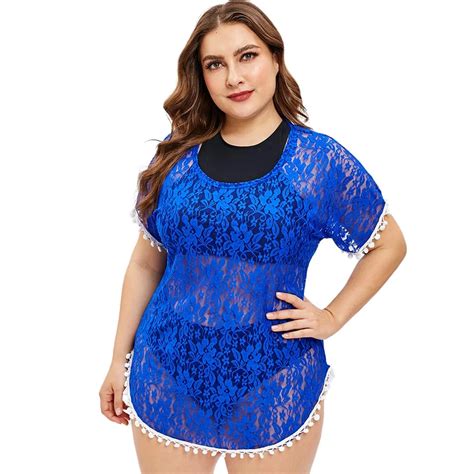 Rosegal Fringe Plus Size Floral Lace Cover Up Tunics See Through Mesh