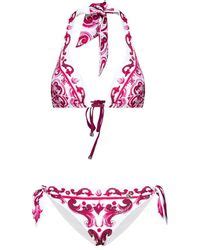 Dolce Gabbana Majolica Print Triangle Bikini In Red Lyst