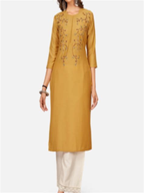 Buy Vbuyz Women Mustard Yellow Floral Embroidered Kurta Kurtas For