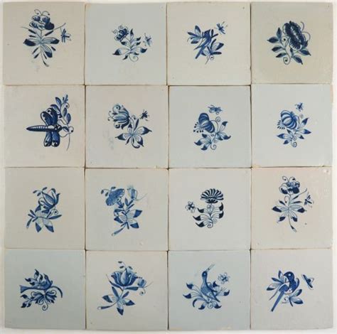 Antique Dutch Delft Wall Tiles With Small Flowers In Blue 18th And