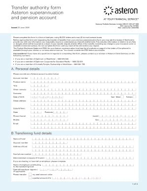 Fillable Online Transfer Authority Form Asteron Superannuation And