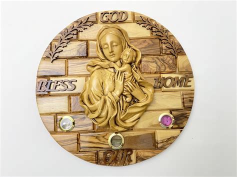 Wall Plaque Of Mary Holding Baby Jesus Bethlehem Wood Carving