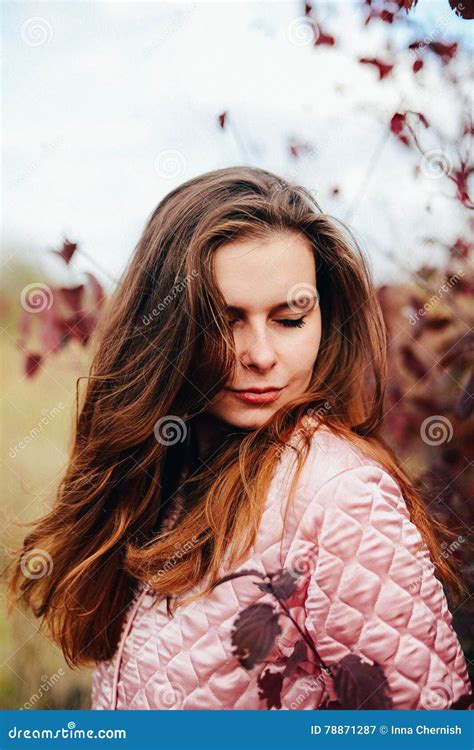 Closeup Outdoors Portrait Of Gorgeous Young Caucasian Woman O Stock