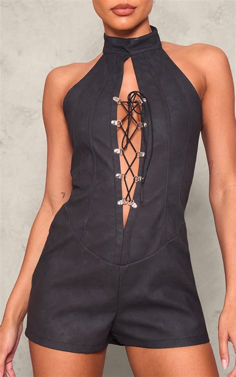 Black Faux Leather Lace Up Halterneck Playsuit Jumpsuits And Playsuits