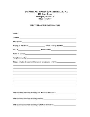 Fillable Online Estate Planning Worksheet Jaspers Moriarty