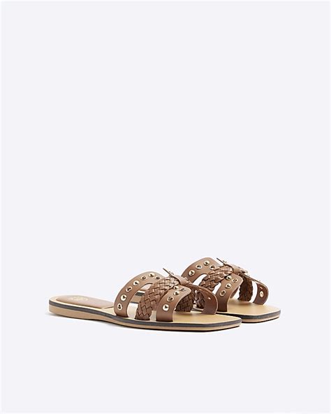 Brown leather studded flat sandals | River Island