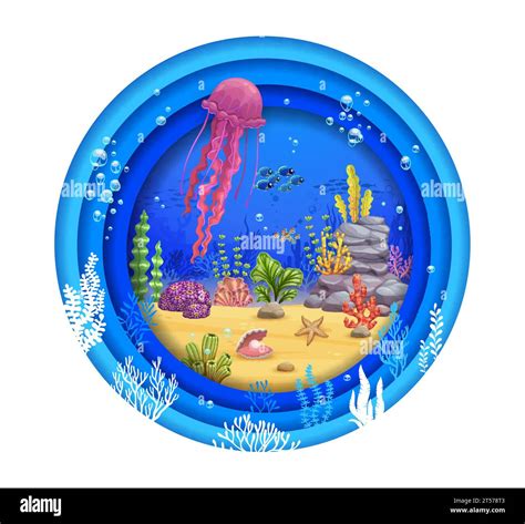 Cartoon Jellyfish Fish Shoal And Sea Paper Cut Vector Underwater