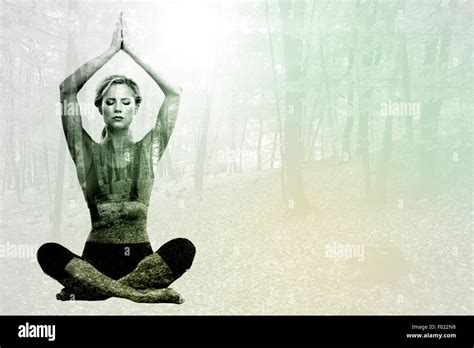 Composite Image Of Calm Blonde Meditating In Lotus Pose With Arms