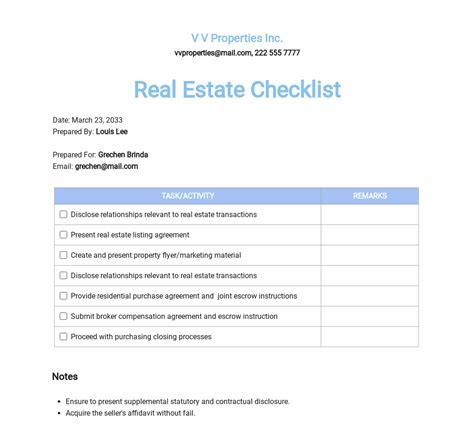 Printable Real Estate Listing Checklist Template